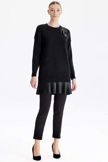 Tığ Triko Black Pleated Leather Knitwear Tunic