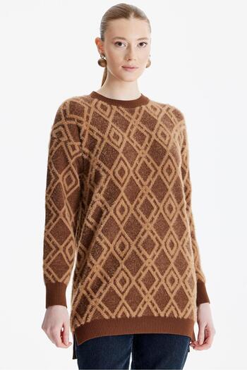 Tığ Triko Coffee Color Patterned Crew Neck Knitwear Tunic