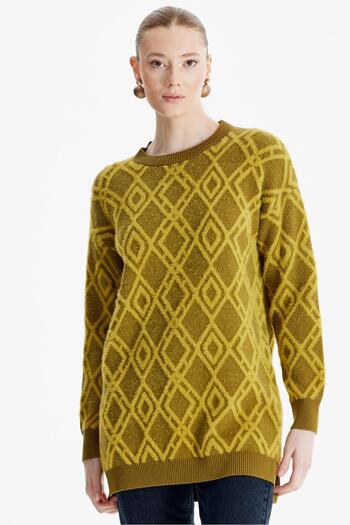 Tığ Triko Olive Patterned Crew Neck Knitwear Tunic