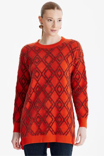 Tığ Triko Orange Patterned Crew Neck Knitwear Tunic