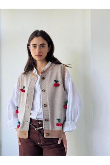 Retrobird Gray Glitter Design Embroidered Cherry Embossed Women's Vest