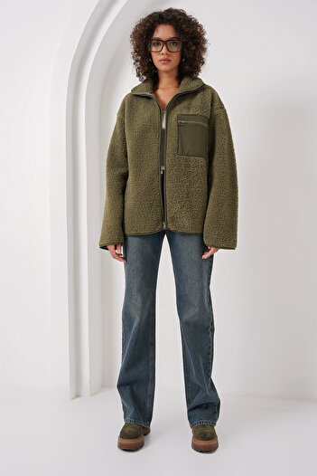 Bigdart 55446 Хакі Oversize плюшеве пальто - куртка на блискавці