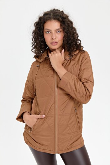 Desen Triko Mink Short Quilted Coat - Hooded and Triangle Pattern