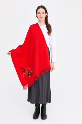 Desen Triko Daisy Embroidered Tasseled Women's Wool Shawl - Coral