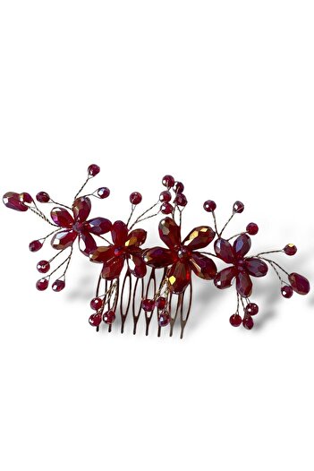 TAKIŞTIR Burgundy Color Flower Detailed Crystal Stone Detailed Evening Dress Wire Comb Buckle