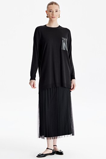 Tığ Triko Black Knitwear Tunic - Leather Pocket Detail