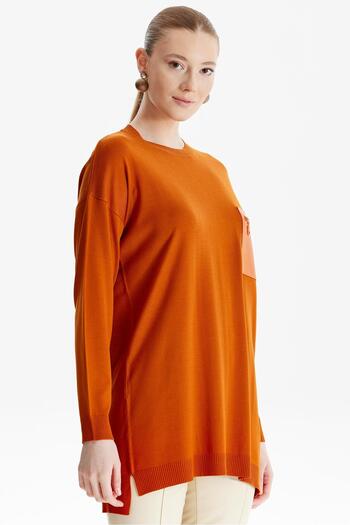 Tığ Triko Oranj Knitwear Tunic - Leather Pocket Detail