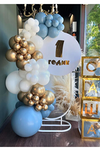 Çemrek Süs Parti Blue White Gold Chrome Balloon Chain Set Including 103 Jumbo Balloons
