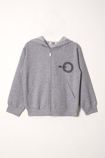 zepkids Text Printed Hooded Gray Melange Color Boys' Zippered Tracksuit Set