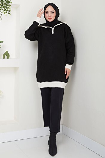hafsamina Garni Detailed Collar Zippered Knitwear Tunic Black Hm2560