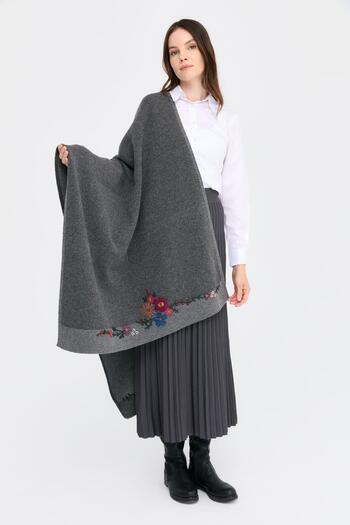 Desen Triko Women's Smoke Colored Wool Shawl - Flower Embroidered, Two Edges
