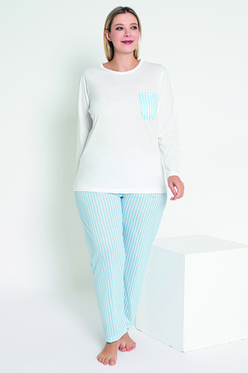 MyBen Ecru and Blue Striped Long Sleeve Women's Pajama Set - B-41