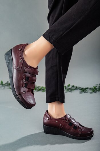 Dilimler Ayakkabı Velcro Skin Burgundy Women's Wedge Sole Casual Shoes