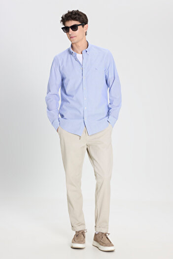 ALTINYILDIZ CLASSICS Men's White-Blue Slim Fit Slim Fit Button Collar 100% Cotton Striped Shirt