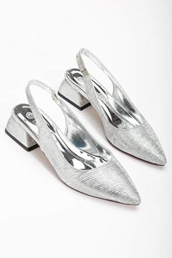 Dilimler Ayakkabı Large Size Shiny Striped Leather Silver Women's Heeled Shoes