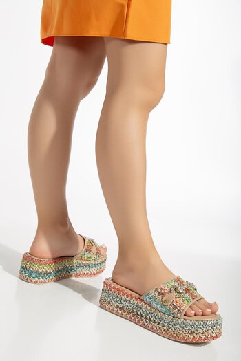Dilimler Ayakkabı Nude Stoned Straw Wrapped Women's Wedge Heeled Slippers