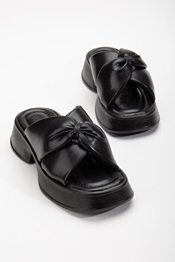 Dilimler Ayakkabı Black Women's Wedge Heel Slippers - Cross Skin, Thick Sole and Small Stone Detail