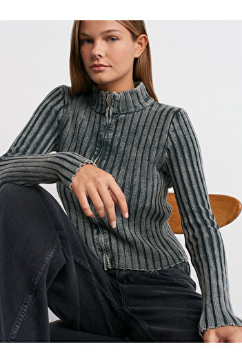 Dilvin 60249 Pale Effect Zippered Knitwear Cardigan-Anthracite