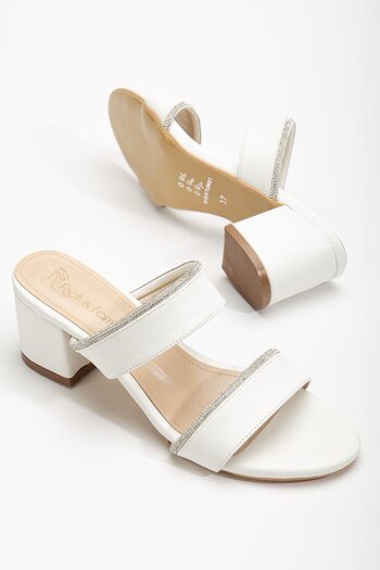 Dilimler Ayakkabı Two-Striped Stoned Skin White Women's Short Heeled Slippers