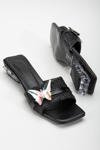 Dilimler Ayakkabı Black Women's Short Heeled Straw Slippers - Butterfly Stone Buckle