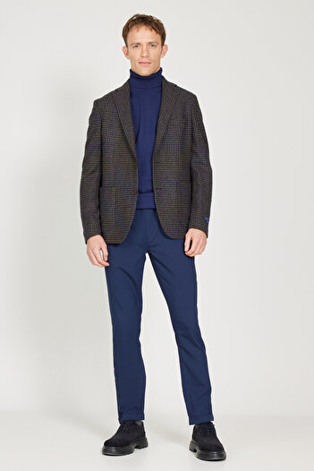 ALTINYILDIZ CLASSICS Men's Brown-Navy Slim Fit Slim Fit Mono Collar Print Woolen Jacket