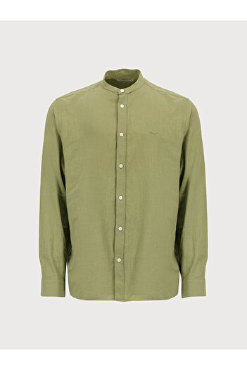 Ltb Linen Look High Collar Green Shirt