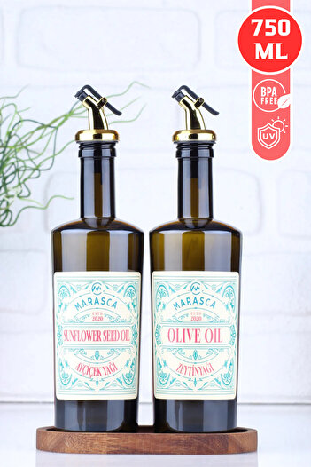 EA Home Concept 2-Piece Cara Olive Oil and Sunflower Oil Bottle with Wooden Stand - 750 ml Non-Drip Glass Sauce Bottle