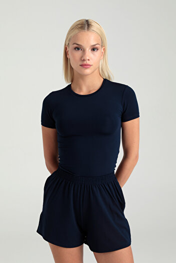 SHEISMONO Soft Touch Round Neck Short Sleeve Blouse Navy Blue