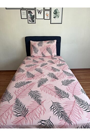 Touch Pink Black Feather Patterned Covered Pillow - Single Elastic Sheet Set