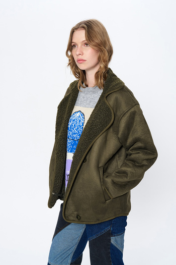 Quzu Khaki Color Oversize Coat with Plush Inside and Buttons
