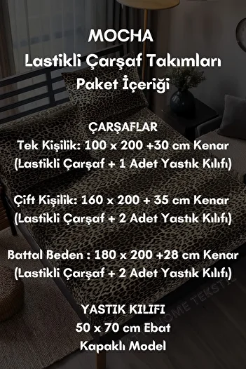 LATTE TEKSTİL Mocha Leopard Patterned Cotton Ranforce Fabric Elastic Sheet Set (Single-Double-King Size)