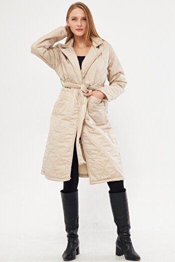 armonika Beige Men's Collar - Women's Quilted Coat with Belted Waist Pockets Arm-25K 106001