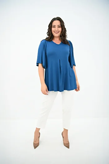 ADROM Women's Plus Size Pleated V-Neck Blouse 1847-25