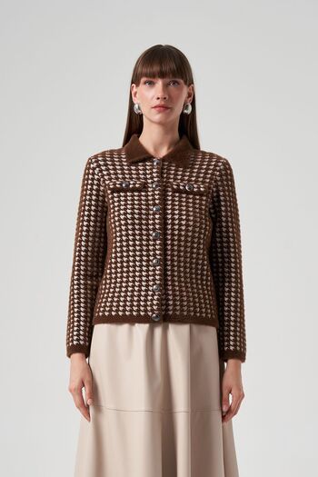 Lale Butik Κοντό ζακέτα Nuss Knitwear 7007 - Καφέ χρώμα με λεπτομέρεια με κουμπιά