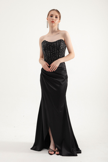 Lafaba Black Stone Detailed Corset Evening Dress - Long