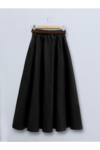 Modamorfo Black Gabardine Loose Skirt - Straw Belt, Matte