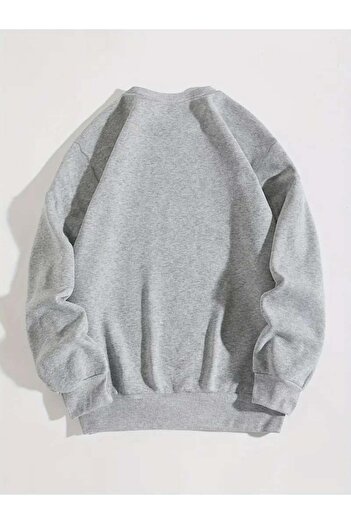 Touz Moda Ribbon Printed Gray Unisex Oversize Crew Neck Sweatshirt