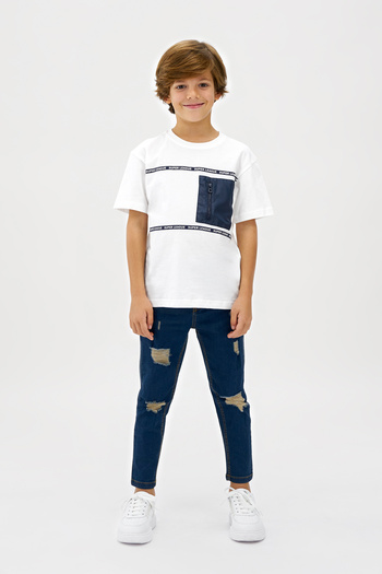 Panço Boy's Zipper Detailed White T-Shirt