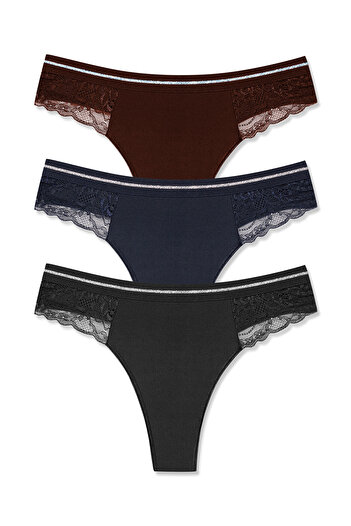 HNX 3-Piece Interlock Basen Lace Detailed Glittery Elastic Waist Women's Thong Panties