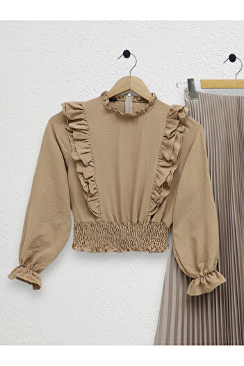 Modamorfo Ayrobin Mink Blouse with Ruffles and Drawstring Waist