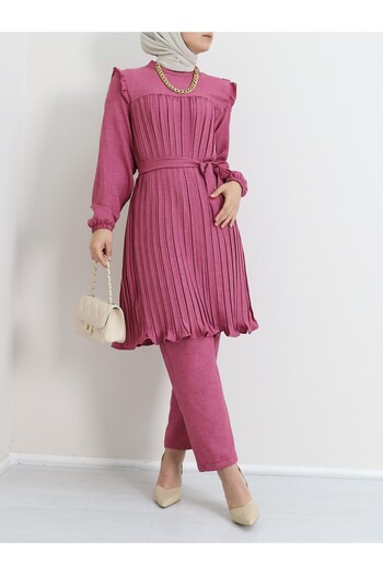 Modamorfo Robadan Pleated Waist Tied Double Set - Fuchsia