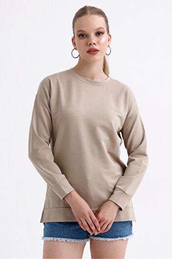 MD trend Kadın Bisiklet Yaka Yumuşak Dokıulu Esnek Ribanalı Basic Salaş Sweatshirt