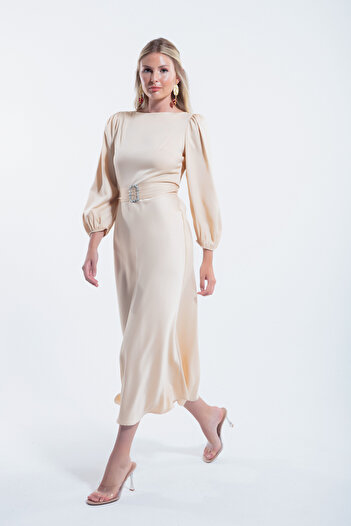 Lafaba Beige Satin Midi Evening Dress - Women's Dress with Belt