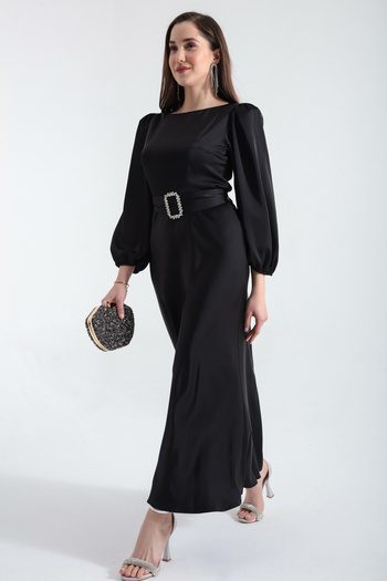 Lafaba Women's Black Belted Midi Satin Evening Dress