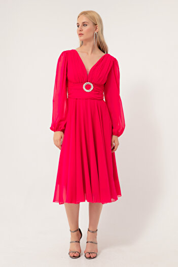 Lafaba Women's Fuchsia Stone Belted Flared Evening Dress