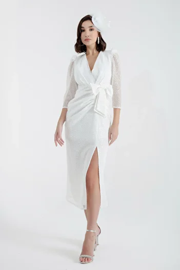 Lafaba Weißes, zweireihiges Abendkleid in Midilänge mit Kragen und Schlitz für Damen