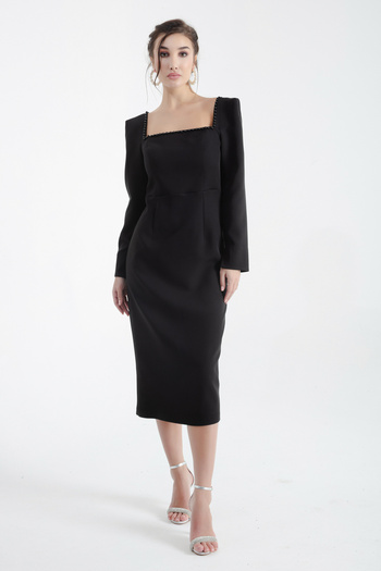 Lafaba Women's Black Square Collar Pearled Midi Evening Dress