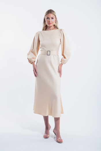 Lafaba Beige Satin Midi Evening Dress - Women's Dress with Belt