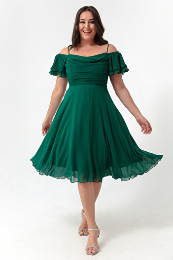 Lafaba Women's Emerald Green Strap Flared Cut Midi Plus Size Evening Dress