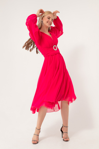 Lafaba Women's Fuchsia Stone Belted Flared Evening Dress